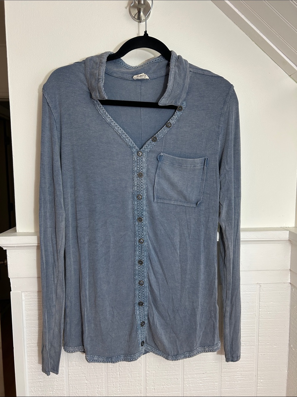 POL Blue Boho Faux Button Up Top size Medium